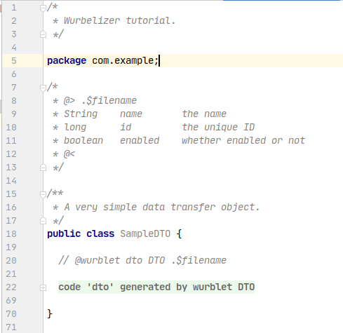 The generated DTO code inside a guarded block in SampleDTO.java, shown in the IDE
